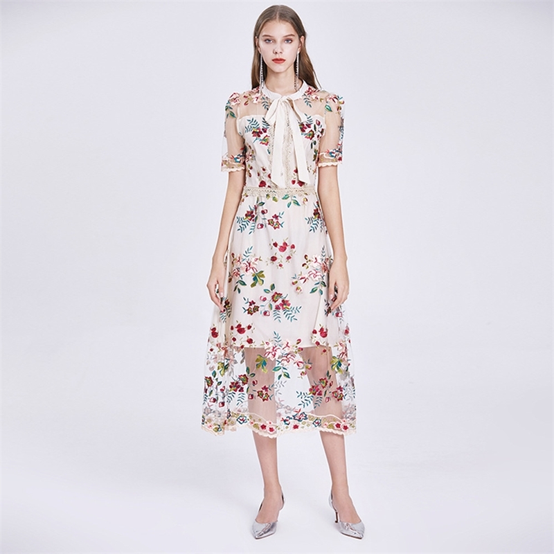

Fashion Designer Runway Dress Summer Women' Bow Collar Short Sleeve Floral-Print Embroidery Elegant Long Dresses 210520, Photo color