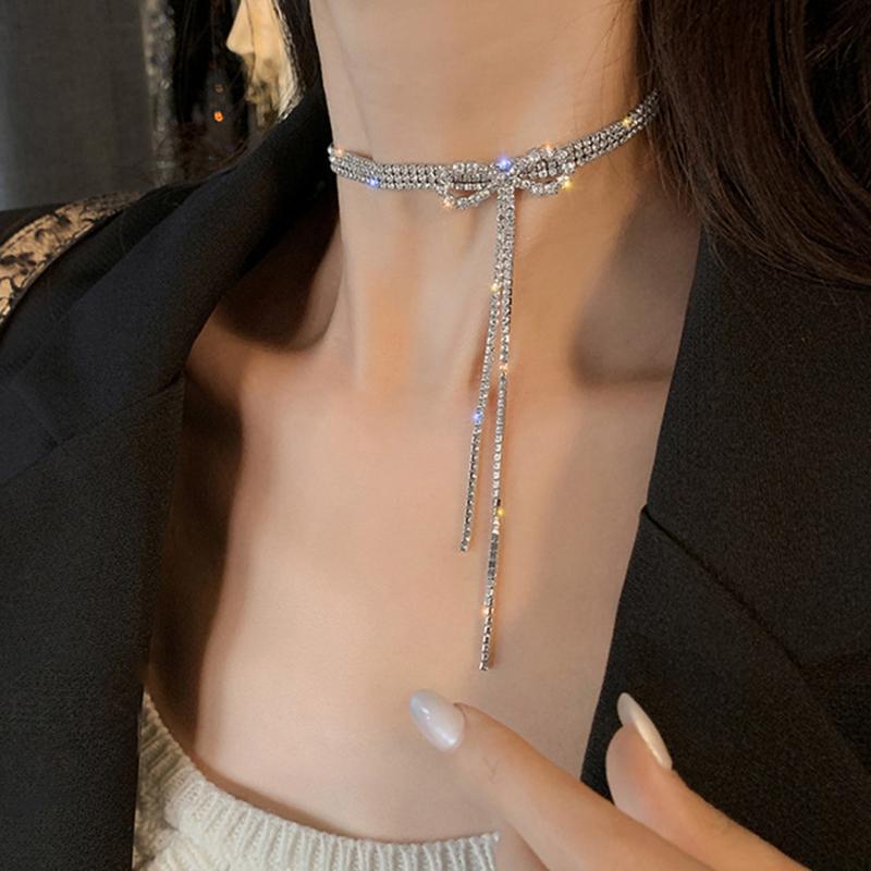 

Chains Women Necklaces Casual Sporty Link Chain Crystal Bowknot All Compatible Party Necklace Fenale Elegant Jewelry, Silver