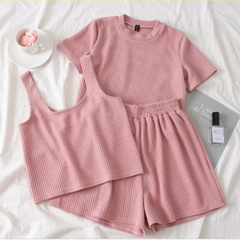 

Women's Tracksuits Heliar Pink O-Neck T-Shirt And Shorts Camis Women Three Pcs Sets Pants Femme Female Outfits 2021 Summer Suits