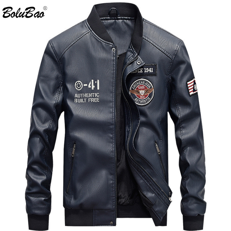 

BOLUBAO Autumn PU Leather Jacket Trendy Brand Men Fashion Baseball Jacket High Street Biker Stand Leather Jackets Male 210518, Black