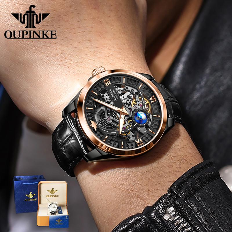 

Wristwatches OUPINKE Men Mechanical Watch Luxury Automatic Leather Strap Sapphire Mirror Waterproof Sports Wristwatch 40MM Montre Homme, Gold