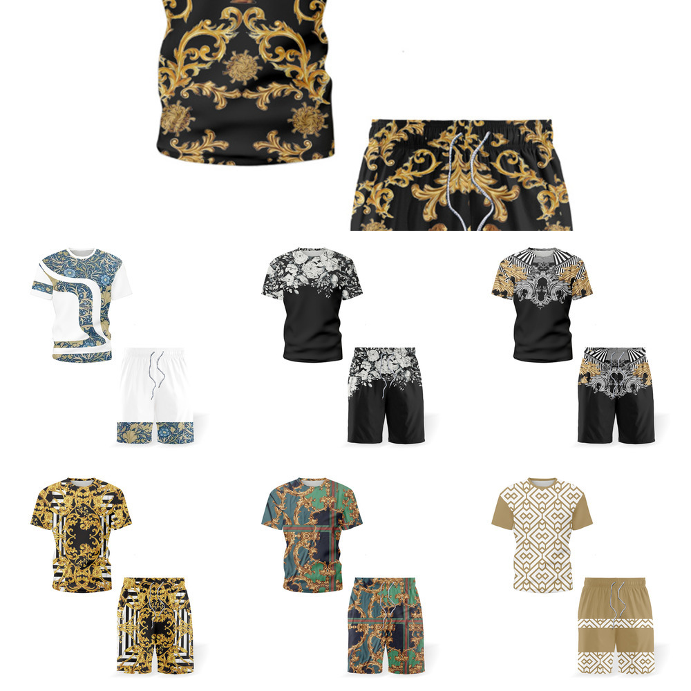 

Classic Retro Style Two Piece Set Clothing Summer Short Sleeve Auspicious Pattern T-Shirt+Shorts Casual All-Match Mens Sets X0610, Z0084-10