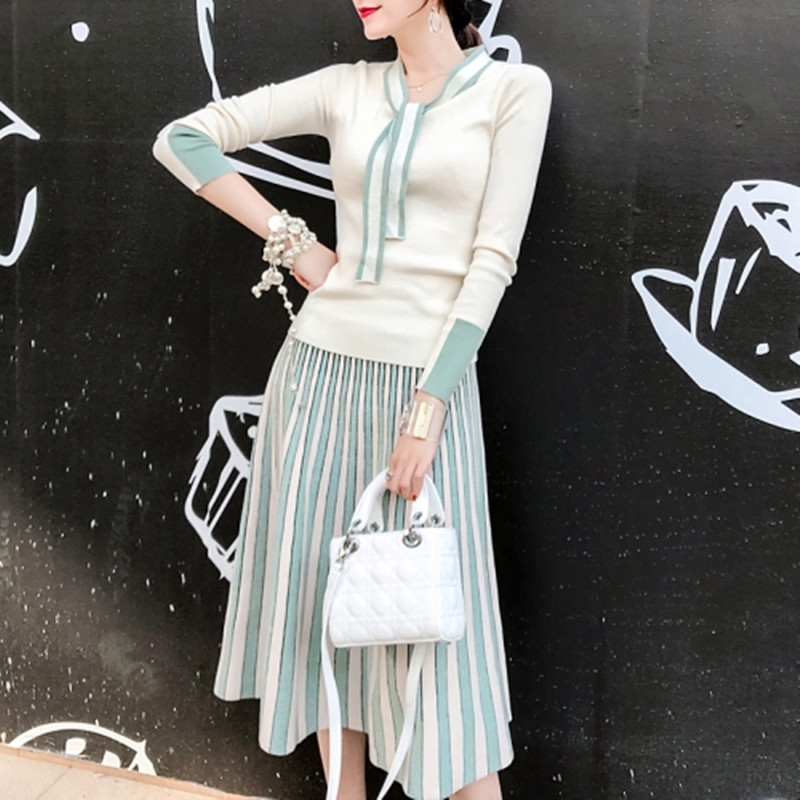 

Women Bowknot Knitted Jumper Tops Sweaters +Shining Sequnied Patchwork Skirts Sets Knit Maxi Skirt 2 Pieces 210525, Picture color