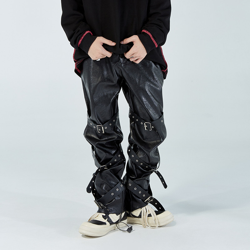 

High Street Knee Tie Black PU Leather Pants Men Straight Oversize Casual Trousers Loose Hip Hop