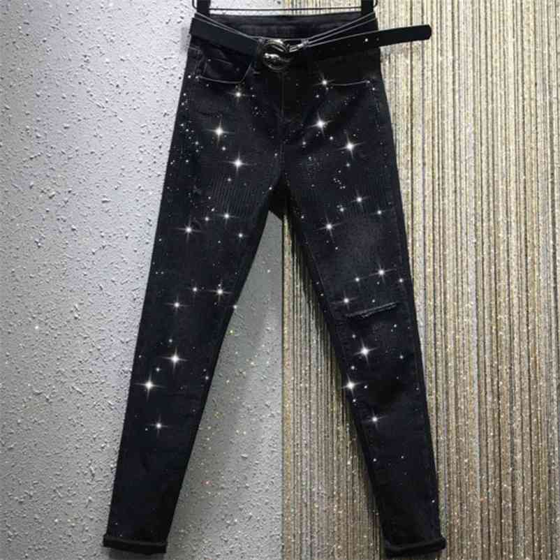 

spring autumn heavy work drilling high waist hole casual stretch straight jean 210629, Black