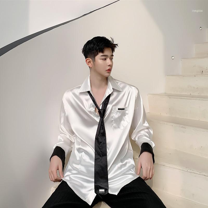 

Men Silky Material College Style Tie Retro Fashion Casual Long Sleeve Shirts Male Streetwear Vintage Loose Dress Shirts1, White
