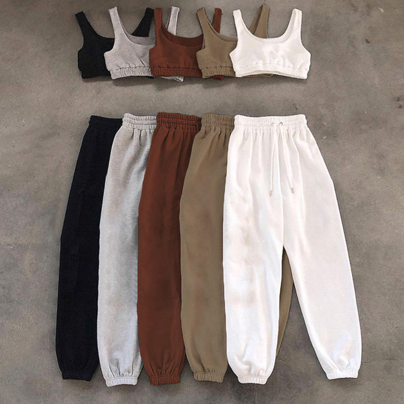 

Women Pants Set With Camis Solid Casual Ladies Sportswear Suits Sleeveless Crop Top And Drawstring Pants Summer Work Out Outfits 210518, Brown