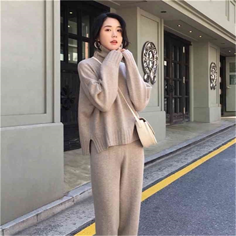 

Women's suit autumn spring knitted track turtleneck sweatshirts women clothing 2 piece set knit pant female pants 210520, Image color