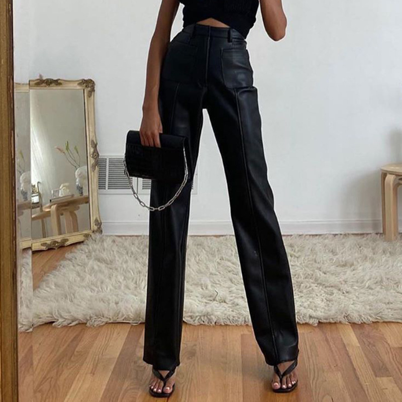 

Spring Arrivals Solid Color High Waist Pocket Decoration Fashion Women Buttocks Wide Leg PU Leather Pants MZ887 210525, Black