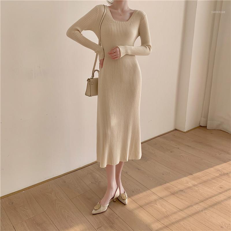 

Casual Dresses One Piece Autumn Winter Sweater Dress Elegant Women Square Collar Knitted Midi Woman Long Sleeve Slim Knit, Black