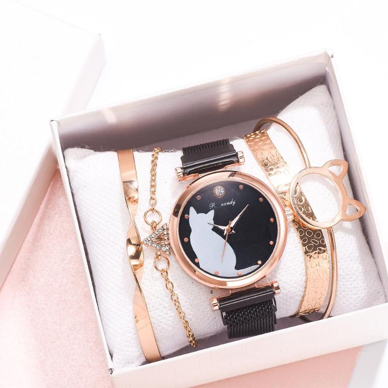 

Cat Bracelet Magnetic Watches 5PCS /Set Luxury Women's Bangle Dress Quartz Clock Ladies Fashion Wrist Watch Gift Zegarek Damski Wristwatches, Red
