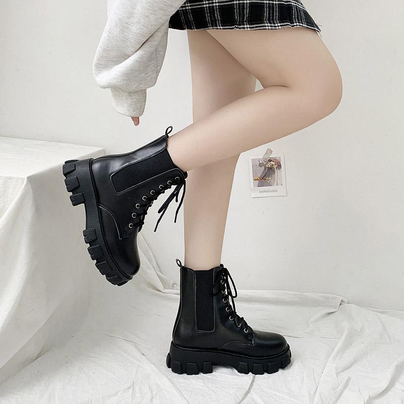 

Boots Women Fashion Autumn Winter Platform Solid Ankle Shoes 2021 Lace-up Casual For Botas De Mujer, Black