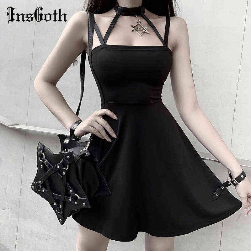 

InsGoth Halter Black Mini Dress Gothic Dress Female Sexy Hollow Out Bandage Slim High Waist Sleeveless Women Dress Harajuku Punk G1223