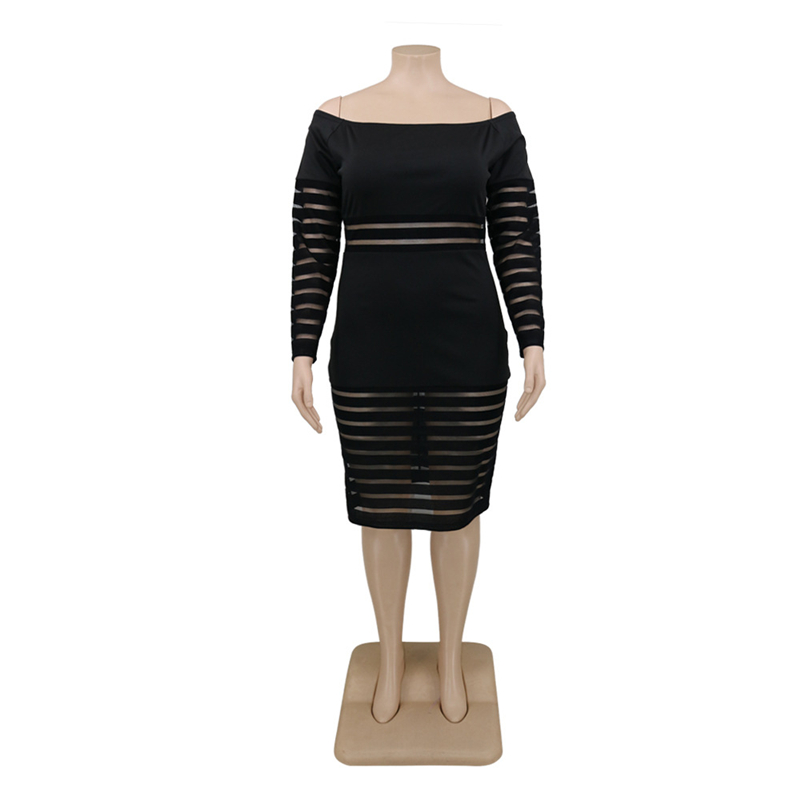 

2021plus size women long sleeve dresses transparent mesh dress slash neck off shoulder black bodycon dress wholesale dropshipping, Black;gray