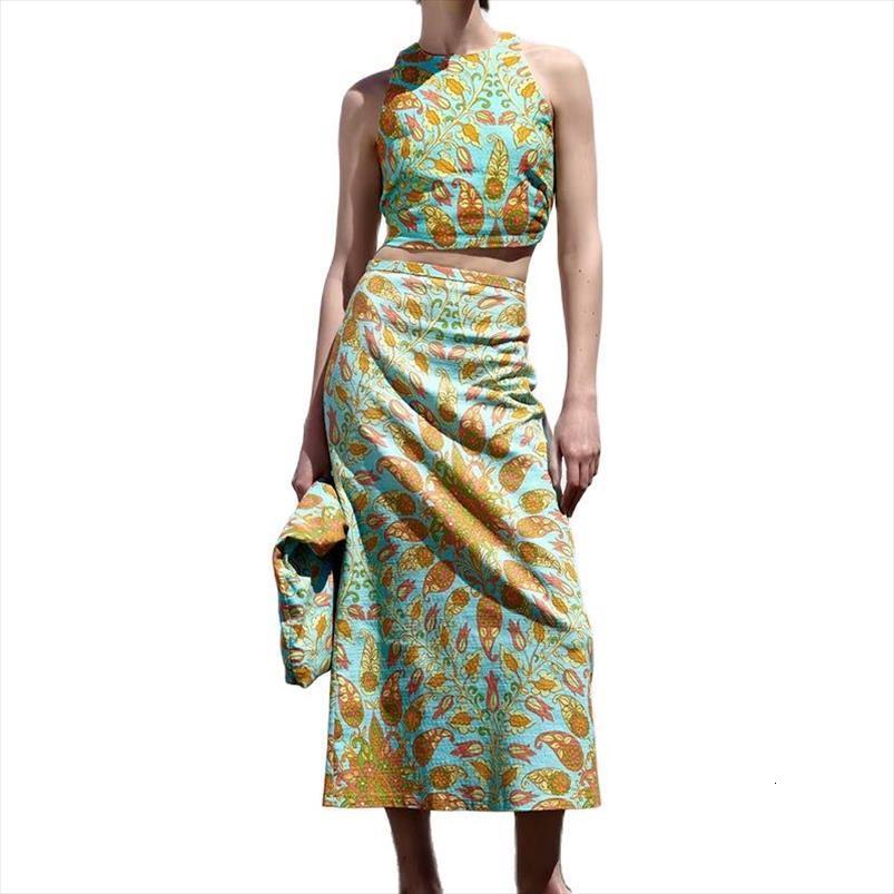 

za summer green beach print women skirt vintage lace up split tra y2k female chic, Black