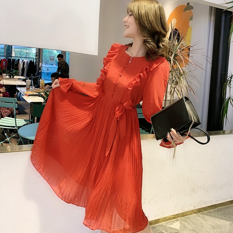 

Casual Dresses Sexy Sweet princess polka dots print pleated lady chiffon gentle long sleeve T63P, Red