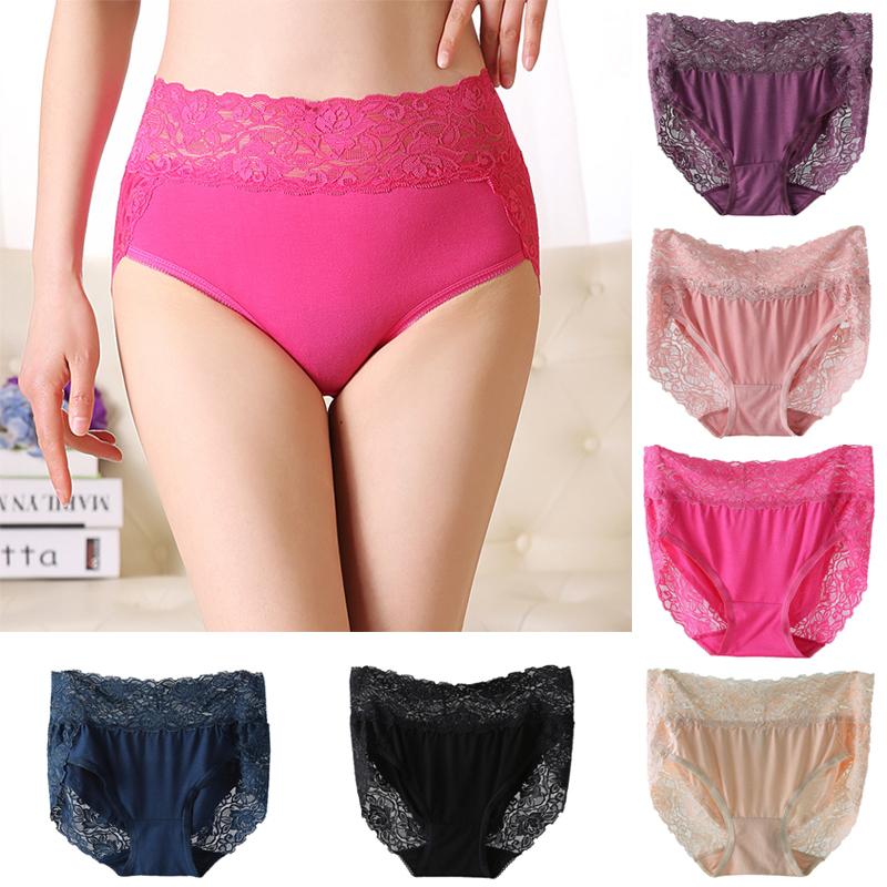 

Women's Panties Elastic High Waist Floral Lace Patchwork Plus Size Cotton Breathable Purple Blue Sexy Lingerie Underwear Brief, Beige