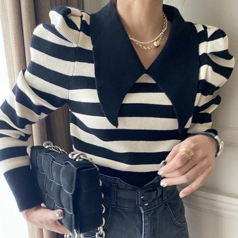 

Women's Sweaters Sweater Women 2021 Korean Fashion All-match Commute Pointed Collar Contrast Stripe Design Slim Knit Pullover, Photo color