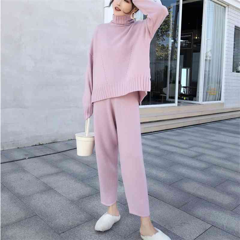 

Autumn And Winter Knitted Turtleneck Warm Sweater +High Waist Knit Pant Women Suit Clothing 2 Piece Set 210520, Photo color