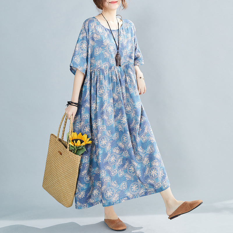 

Johnature Vintage Print Flower Summer Plus Size Dresses Casual Half Sleeve O-Neck Loose Women Ankle-length Dresses 210521, Coffee