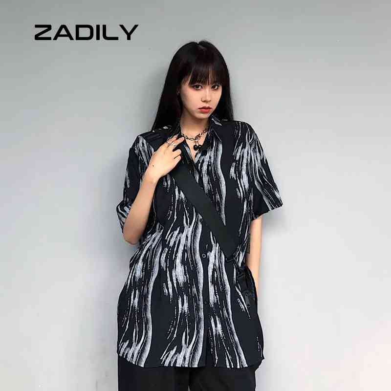 

ZADILY Steet Style Short Sleeve Oversize Women Shirt Blouse Y2K Tie dye Print Black Ladies Shirts Loose Button Female Tops 210521, Sku