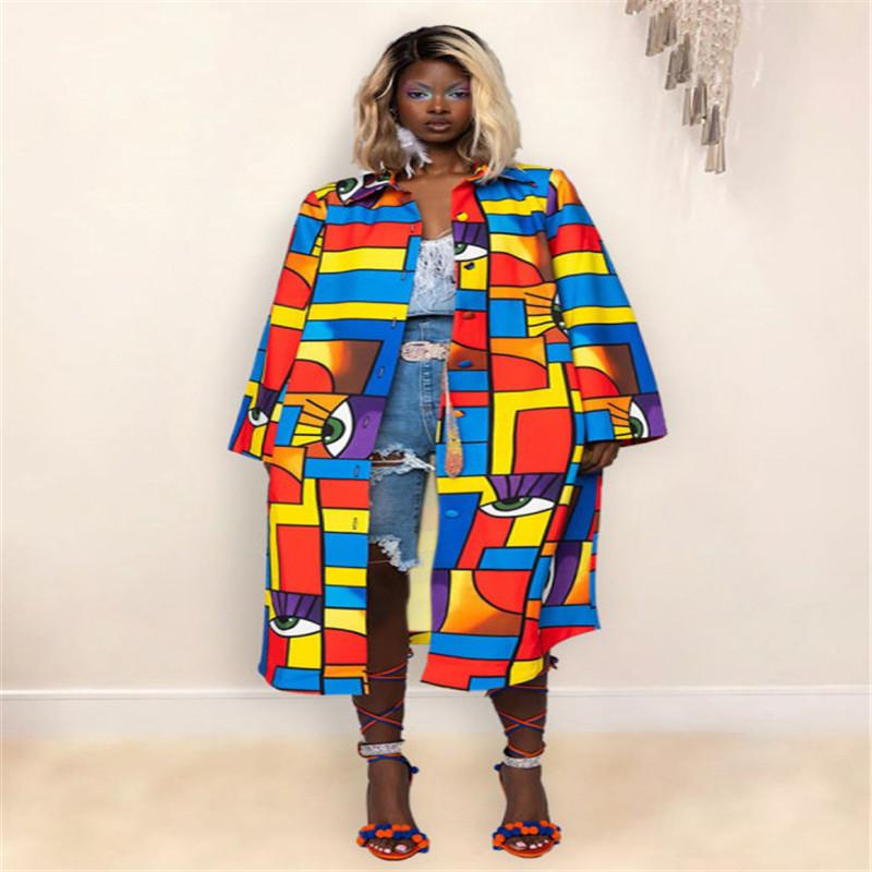 

Women' Trench Coats Autumn Style Women Tops Colorful Geometric Print Open Stitch Sexy Lady, Multi