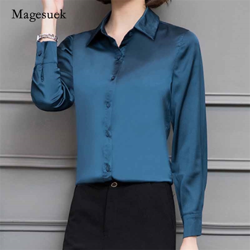 

Spring Fashion Women Turn-Down Collar Chiffon Tops and Blouses Long Sleeve Blouse Office Work OL Satin Shirts 2245 210518, Black