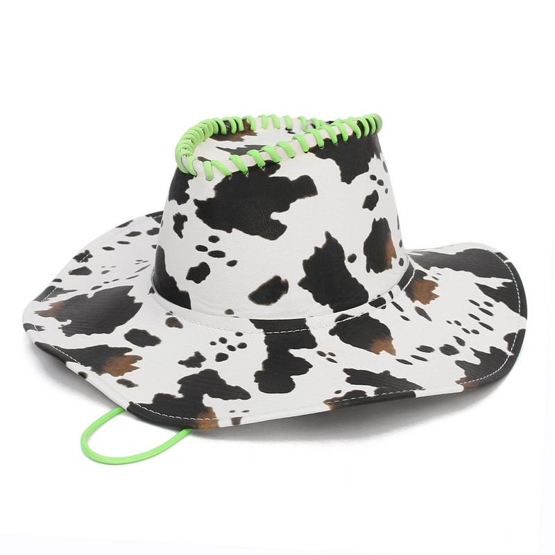 

Wide Brim Hats Large Leather Cowboy Hat Cow Printing Men's Felt Bucket For Women Sunscreen Bright Fedora Cowgirl, Green