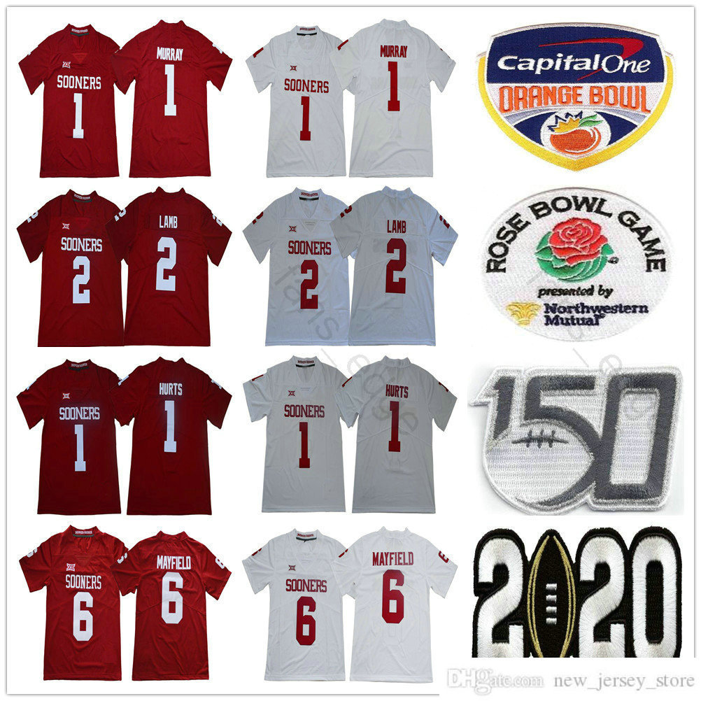 

2020 Peach Bowl 150TH NCAA Oklahoma Sooners College 2 CeeDee Lamb 1 Kyler Murray 6 Baker Mayfield Jalen Hurts Red White Football Jerseys, Kids size only s-xl