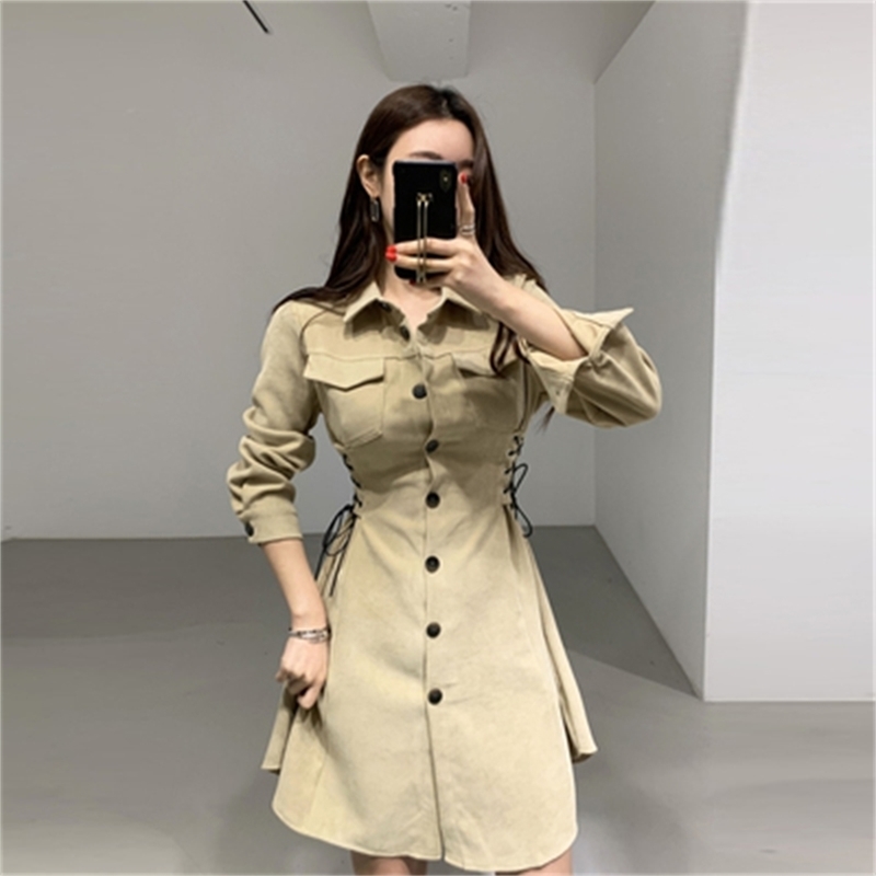 

Elegant Ladies Dress Spring Autumn Long Sleeve Single Breasted Slim High Waist Bandage Korean Women Blouse Robe 210525