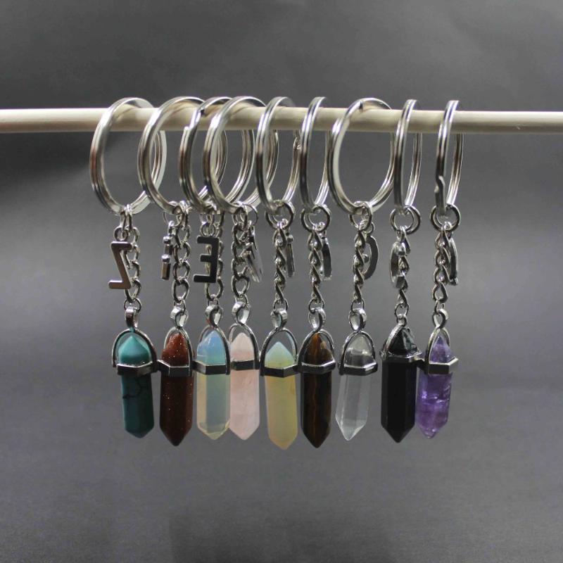 

Keychains 1 Pc Siver Color Natural Stone Crystal Pendant Key Ring With Alphbet Charm Opal Chains Handmade KC016