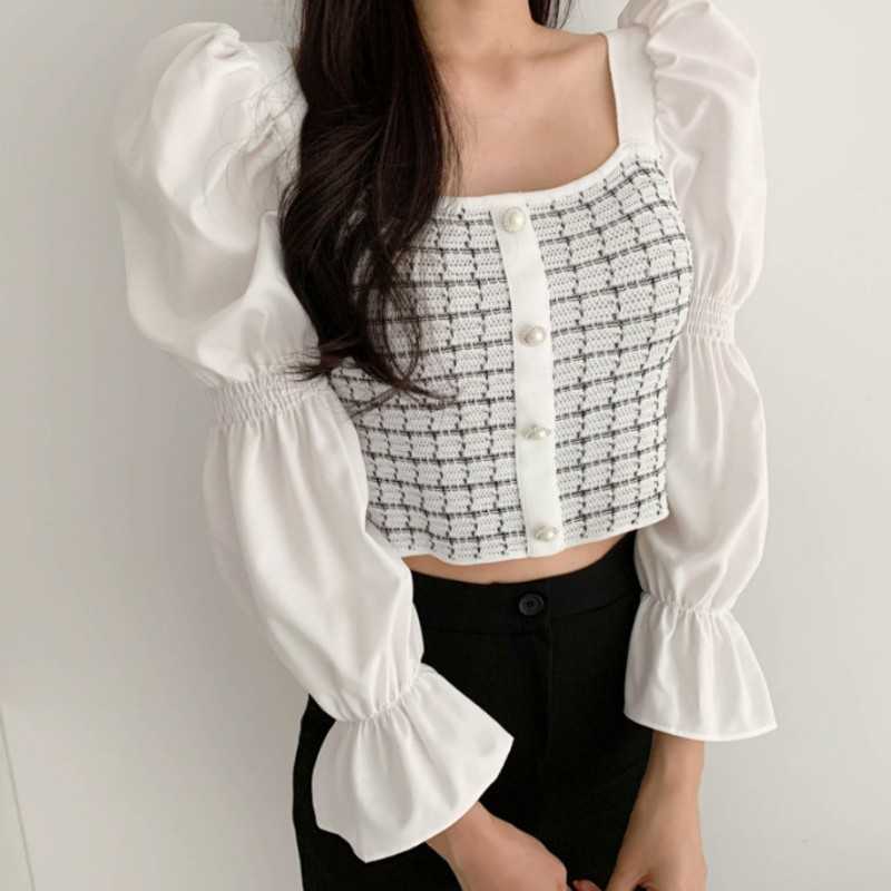 

Women Elegant Chiffon Puff Sleeve Patchwork Knitted Casual Blouse Ladies Chic Square Collar Feminina Shirt Tops 210526, White
