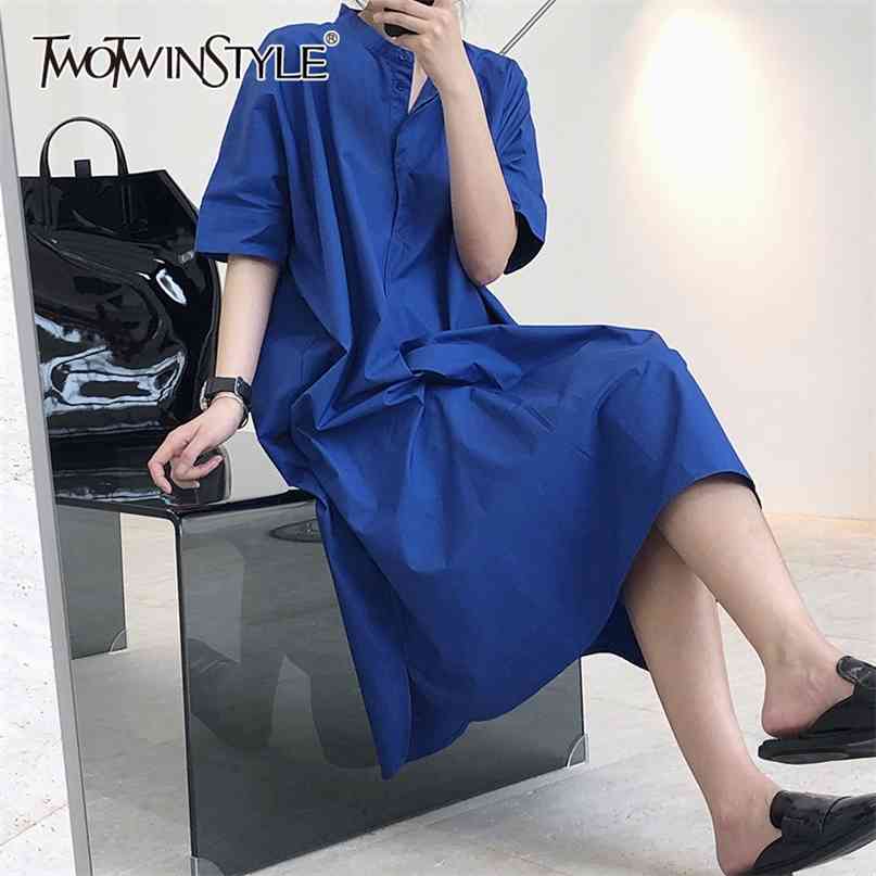 

Casual Dress For Women Stand Collar Midi Side Split Minimalist Oversized Loose Dresses Female Summer 210520, Blue