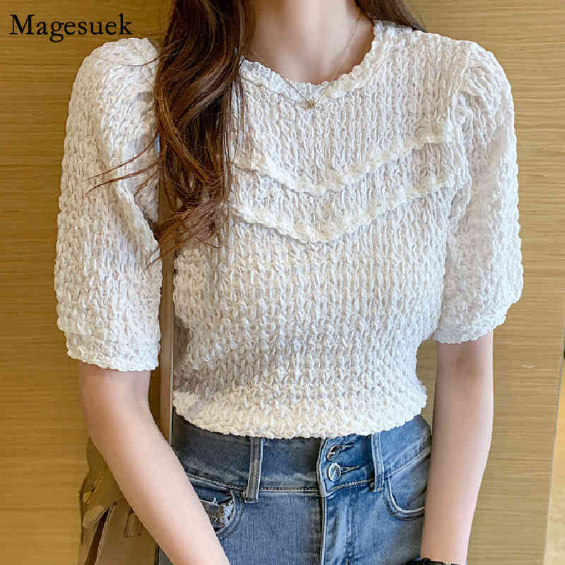 

Summer O Neck Puff Short Sleeve Pleated Chiffon Blouse Women Korean Vintage Slim Top Female Casual Lace Woman Shirts 14349 210518, Picture color