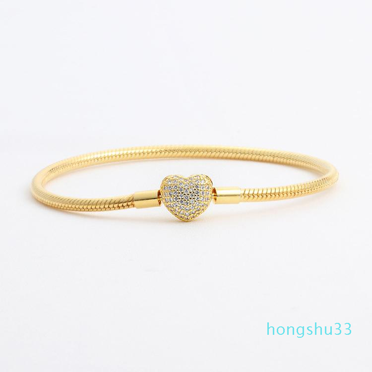 

18K Yellow Gold plated CZ Diamond Heart Bracelets Original Box Set for Pandora 925 Silver Snake Chain Bracelet for Women Wedding Jewelry