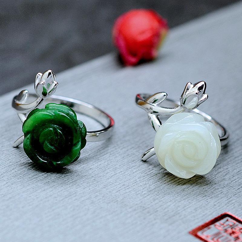Cluster Rings Silver Inlaid Natural Hetian Jade Flower Stone Ring Women&#039;s Fresh And Romantic Opening Adjustable Brand Jewelry-image-711552572