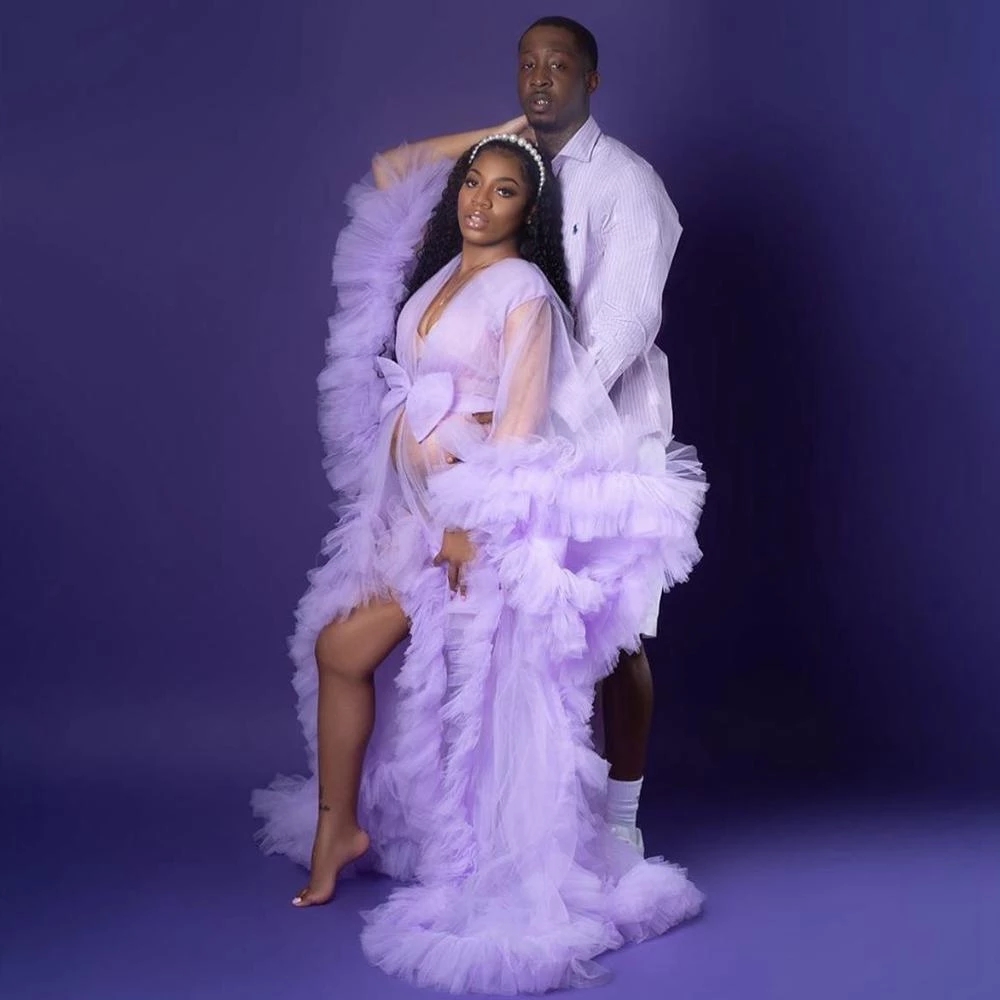 

Lavender Maternity Tulle Dresses Sleepwear Pregnant Lady Photography Anniversary Formal Evening Party Robes Photo Shoot Ball Gown Robe