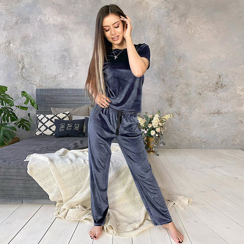 

2021hiloc blue velvet sleepwear winter warm home suit sets female pajamas loose pants ribbon knit short sleeve two piece set lounge, Black;red