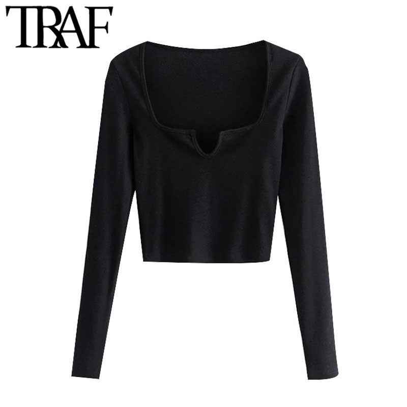 

TRAF Women Sexy Fashion Cropped Ribbed Blouses Vintage Square Collar Long Sleeve Female Shirts Chic Tops, As picture