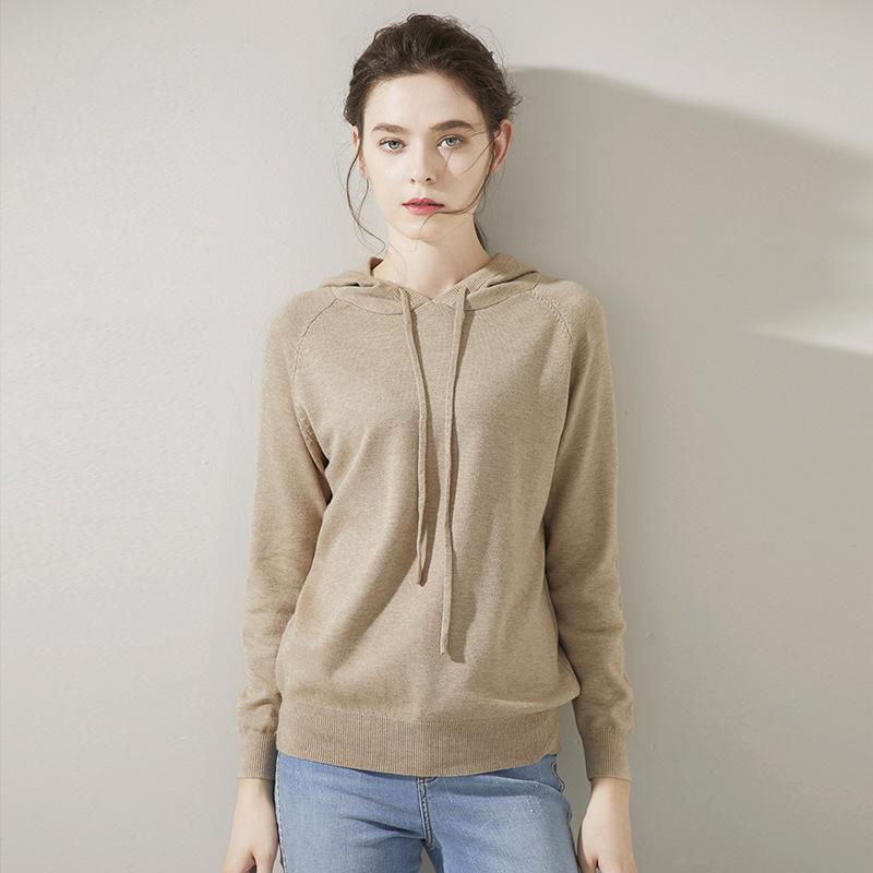 

Women' Hoodies & Sweatshirts Solid Color Knitted Pullover Loose Casual Hoodie Long Sleeve Hooded Autumn Tide Comfy Clothing, Beige