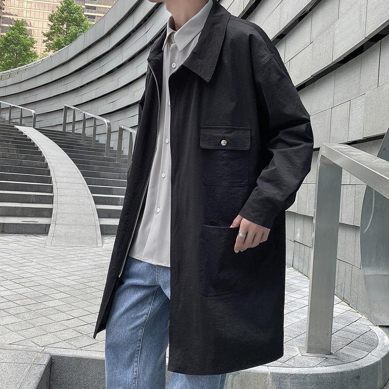 

Men's Trench Coats Coat 2021 Autumn Slim Pure Color Fashion Long Lapel Loose Leisure Personality Youth Wear, Black