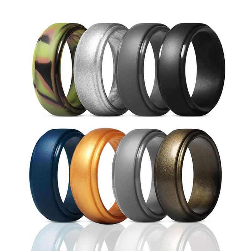 

Wedding Rings 8pcs/set Grade FDA Silicone For Men Hypoallergenic Crossfit Flexible Bands Finger Sporty Size7-14 CN044