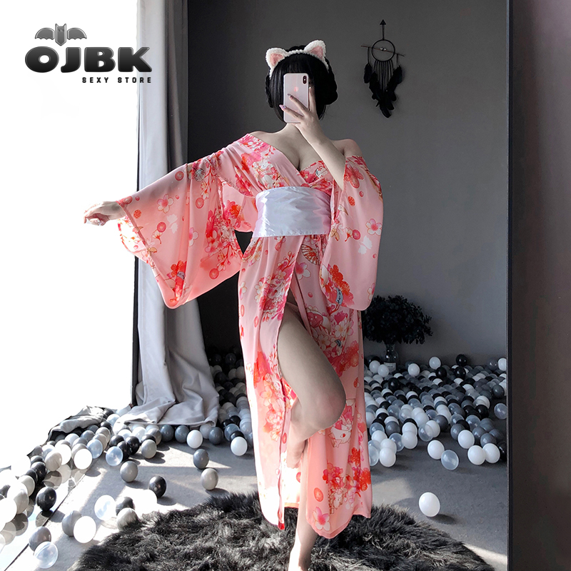 

OJBK Japanese Kawaii Pink Kimono With White Bow-Knot Waistband And Thong Sexy Maid Cosplay Costumes For Woman AV Outfit 2021 New, Red