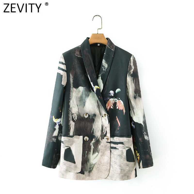 

Zevity Women Vintage Tie Dyed Printing Back Striped Patchwork Fitting Blazer Coat Office Ladies Double Breasted Chic Tops CT671 210603, As pic ct671dt