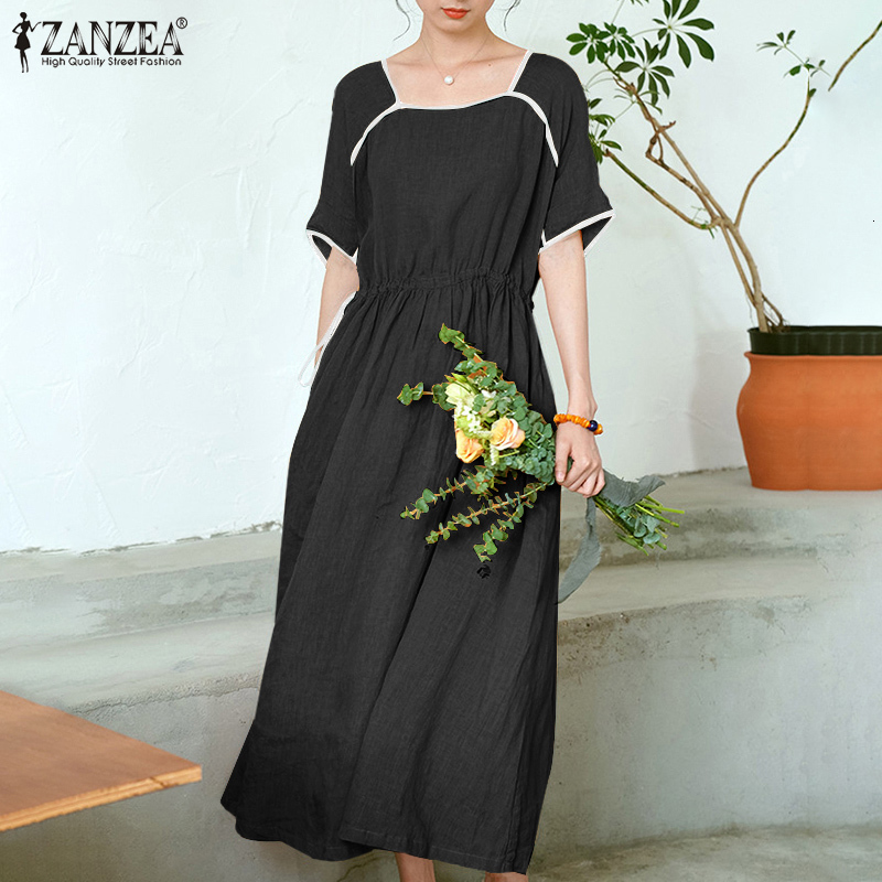 

Casual Dresses Elegant Dress ZANZEA Women 2021 Summer Contrast Maxi Vestidos Solid Short Sleeve Long Sundress Party Robe Femme Plu, Yellow