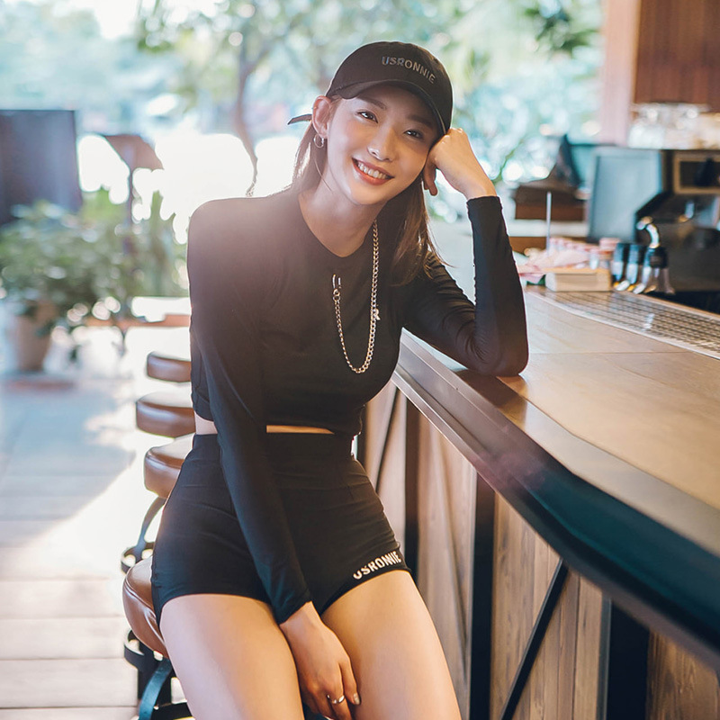 Female Split 2021 Korean Net Red Black Long Sleeve Slim Conservative Bikini Spring Swimsuit-image-678358999