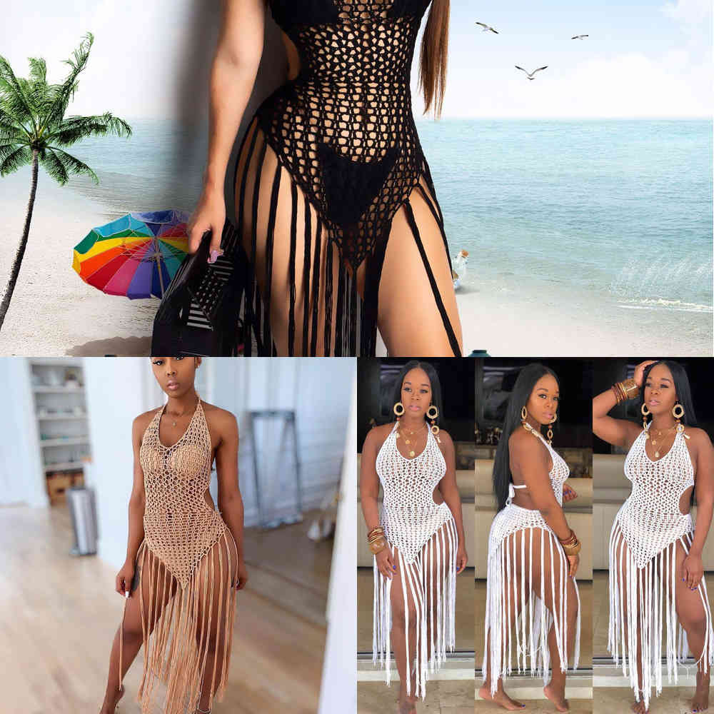 

Women Summer Crochet Hollow Out Tassel Beach Cover Up Dress Sexy Bikini Swimsuit Cover Ups Bathing Suit Cover Up Robe Plage X0717, White