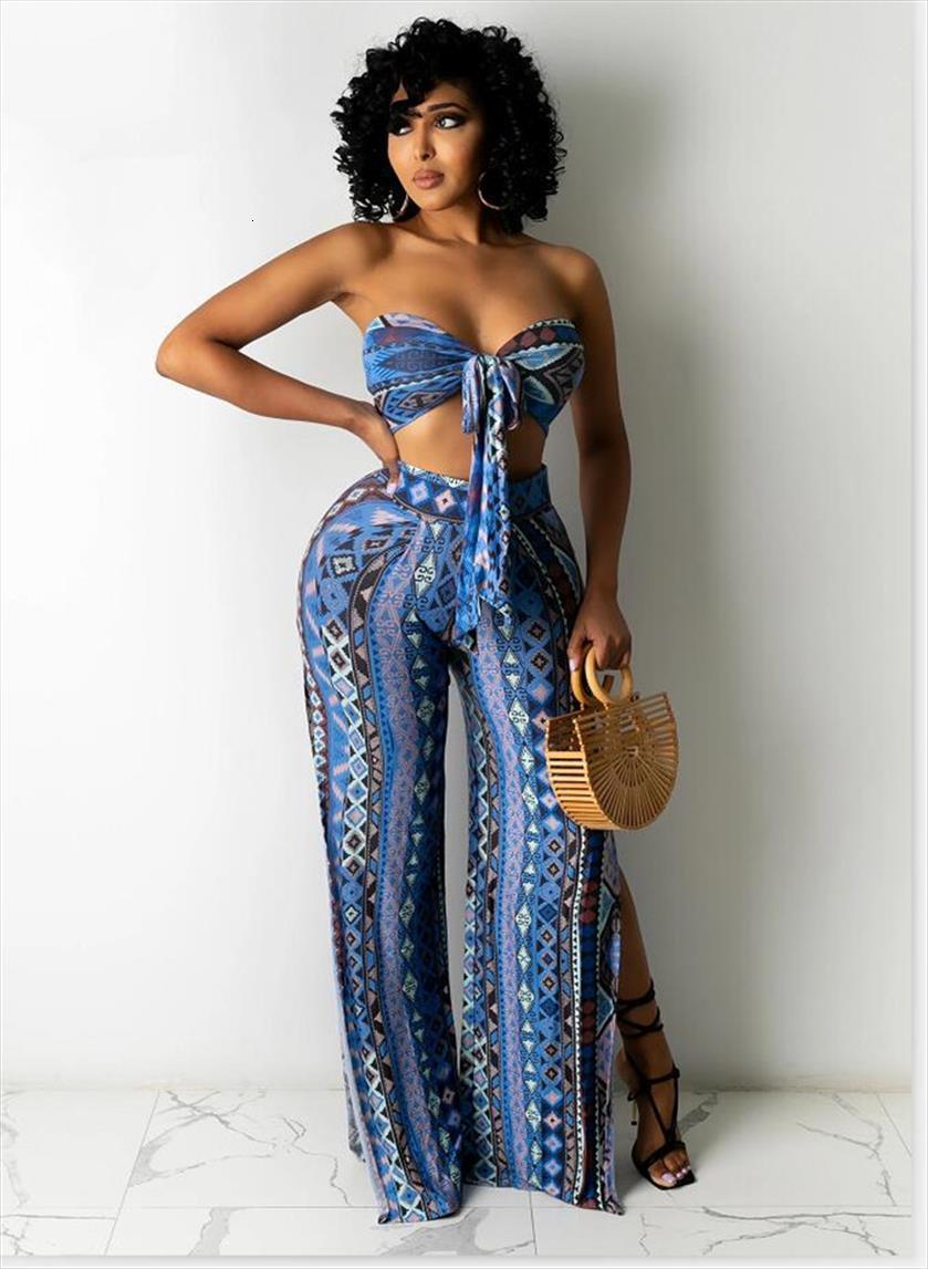 

off shoulder strapless bow womenpant tubes high waist wide leg pants tie dye print 2 pieces women beach, White