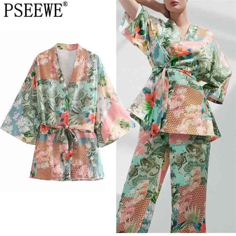 

Kimono Women Blouse Patchwork Print Short Woman Summer Beach Fashion Belt Japanese Style Vintage 210519, Pants