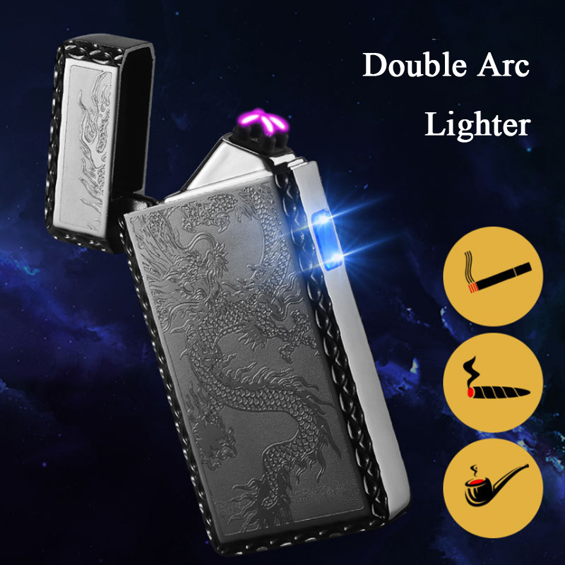 

Zinc Aoy Eectric Dispay of Doube Arc Charging ighter Rechargeabe Windproof Pasma USB ighter Smoking Accessories